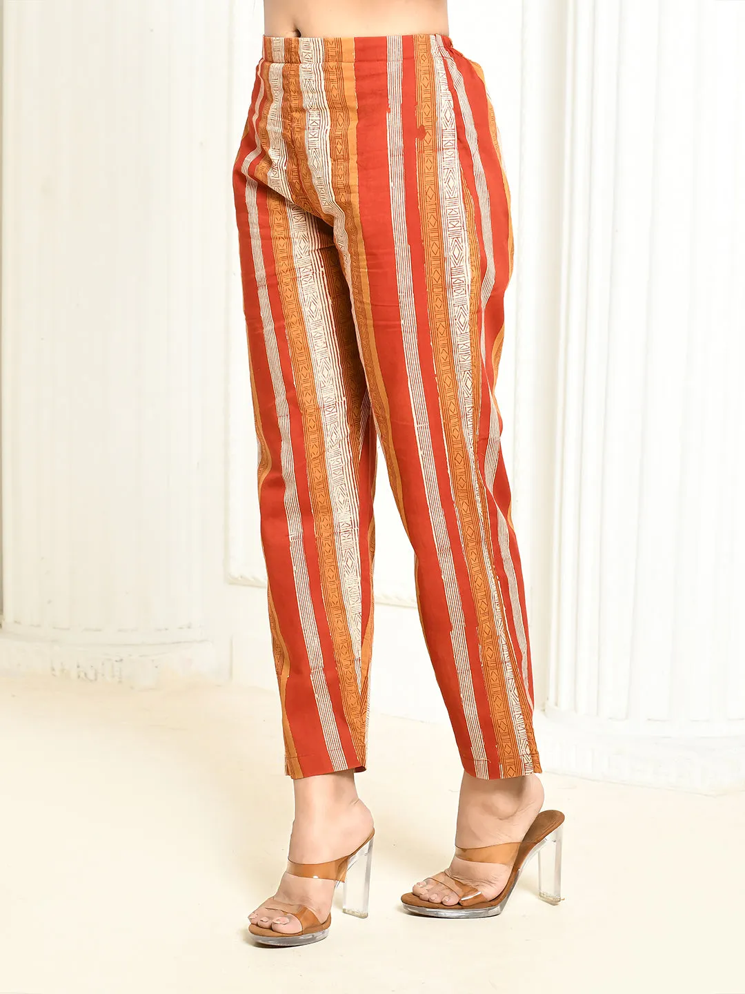 Amora Red Pure Cotton Handprinted Pant Only