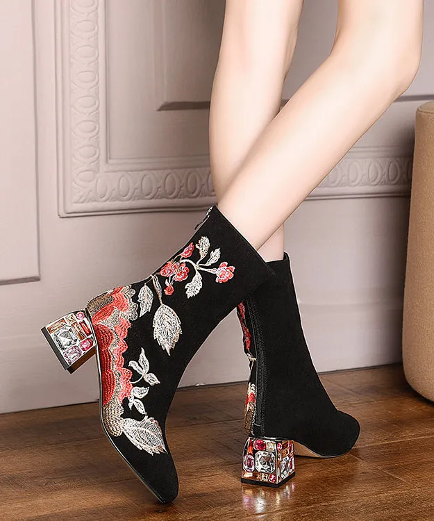 Beautiful Black Zircon Embroidered Suede Chunky Boots RT1074