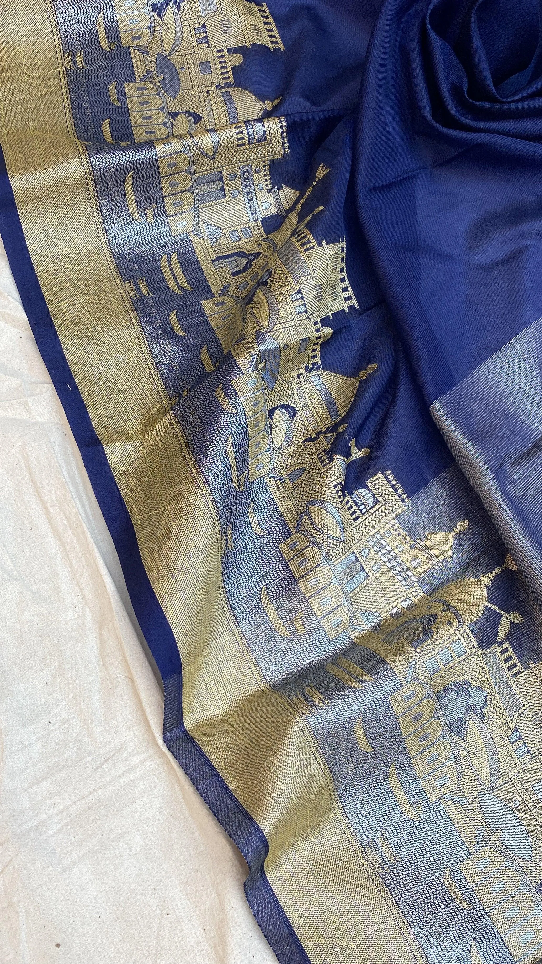 Benares Ghats Blue Pure Cotton Silk Banarasi Sari