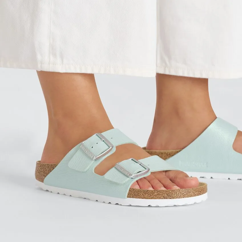 BIRKENSTOCK ARIZONA SHINY SURF GREEN EMBOSSED SANDALS