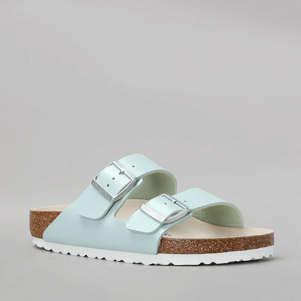 BIRKENSTOCK ARIZONA SHINY SURF GREEN EMBOSSED SANDALS