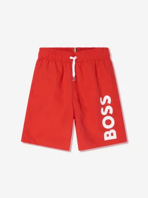 BOSS Boys Logo Print Swim Shorts in Red