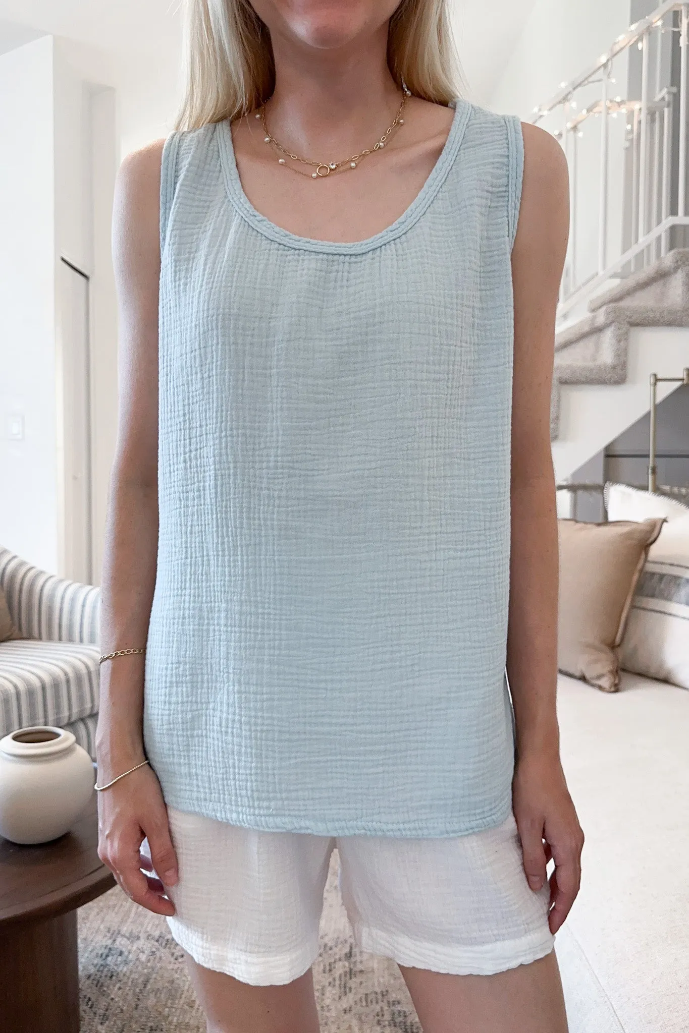 Breeze Cotton Sleeveless Blouse in Surf Blue