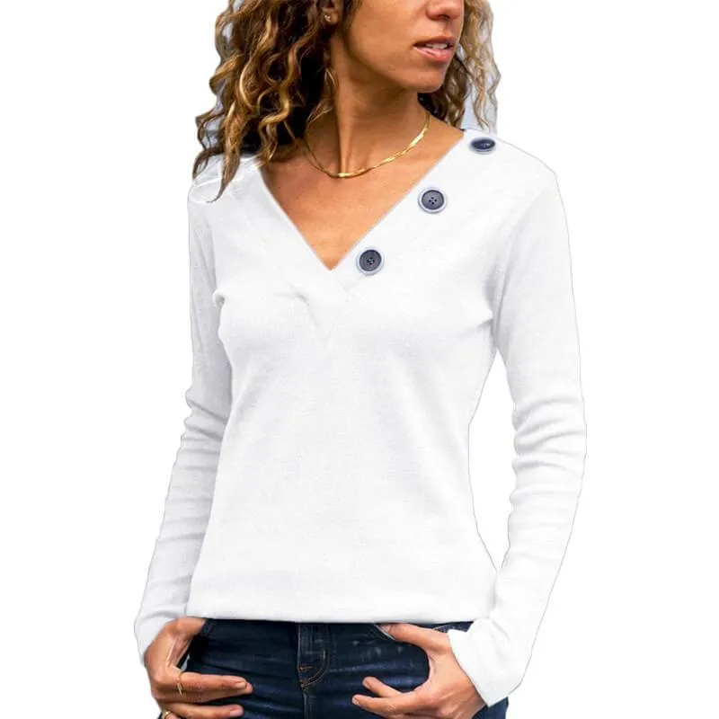 Button Deep V-neck Slim T-shirt