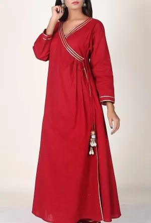 Crimson Red Gota Handloom Cotton Angrakha