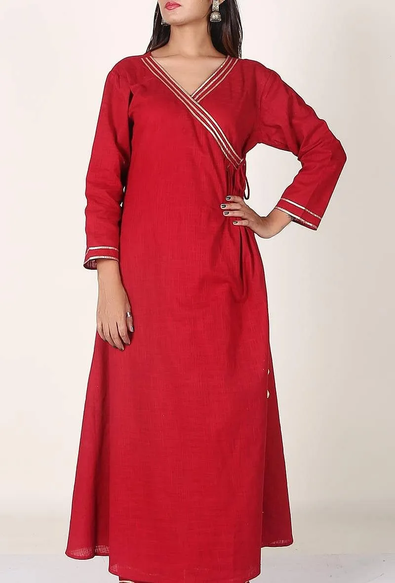 Crimson Red Gota Handloom Cotton Angrakha