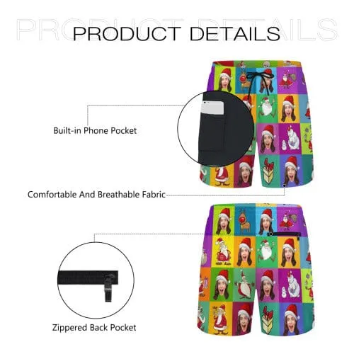 Custom Face Colorful Lattice Santa Claus Men's Quick Dry 2 in 1 Surfing & Beach Shorts Male Gym Fitness Shorts