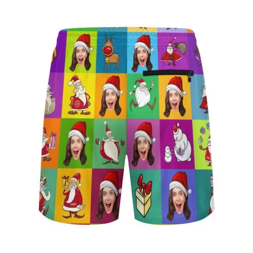 Custom Face Colorful Lattice Santa Claus Men's Quick Dry 2 in 1 Surfing & Beach Shorts Male Gym Fitness Shorts