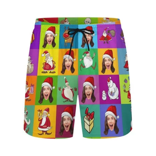 Custom Face Colorful Lattice Santa Claus Men's Quick Dry 2 in 1 Surfing & Beach Shorts Male Gym Fitness Shorts