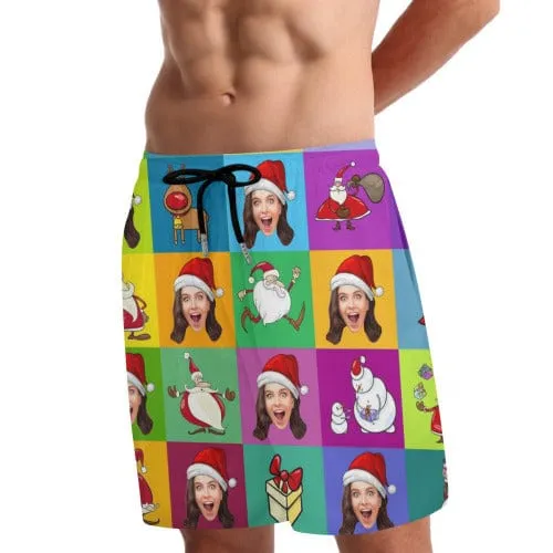 Custom Face Colorful Lattice Santa Claus Men's Quick Dry 2 in 1 Surfing & Beach Shorts Male Gym Fitness Shorts