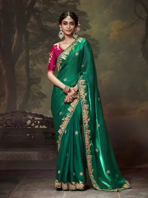 Elegant Dark Green Embroidered Fancy Saree