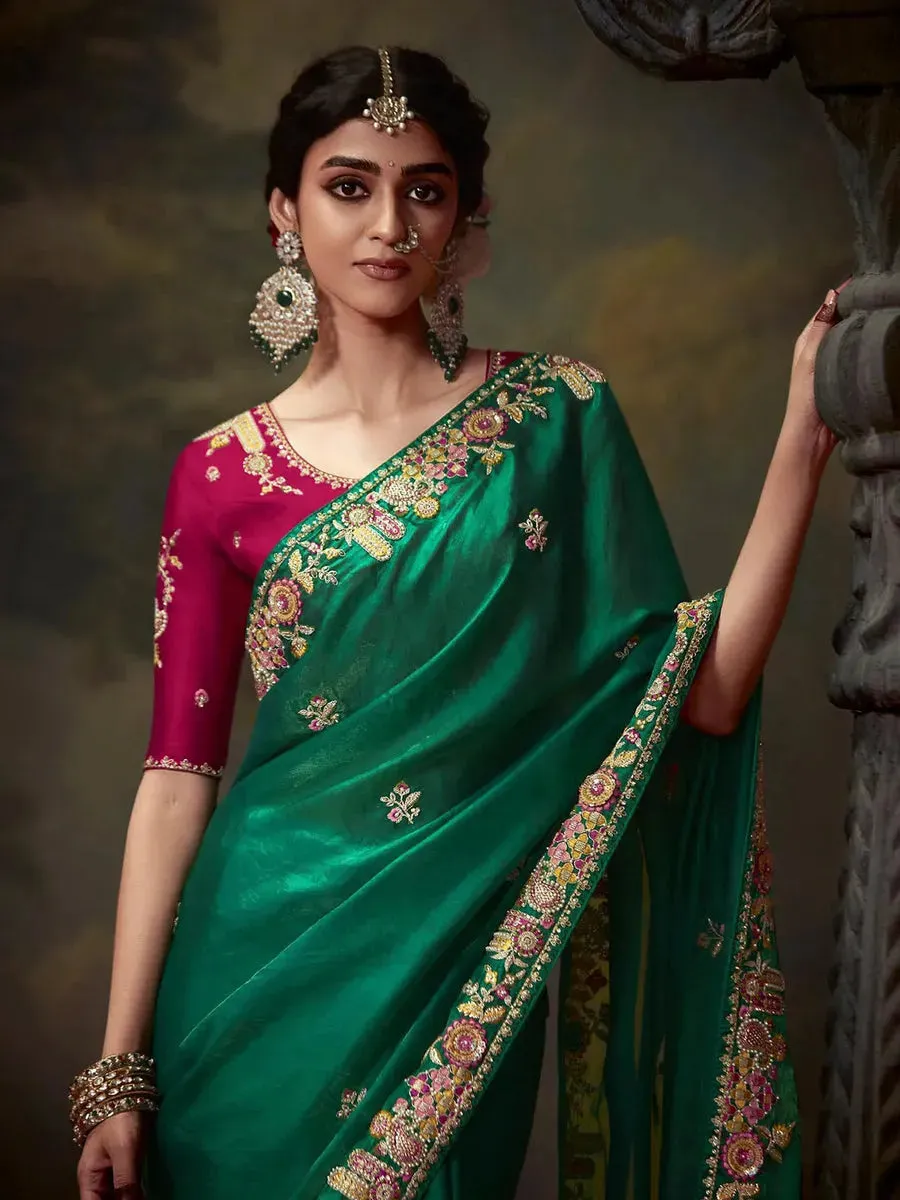 Elegant Dark Green Embroidered Fancy Saree