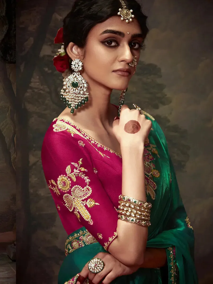 Elegant Dark Green Embroidered Fancy Saree