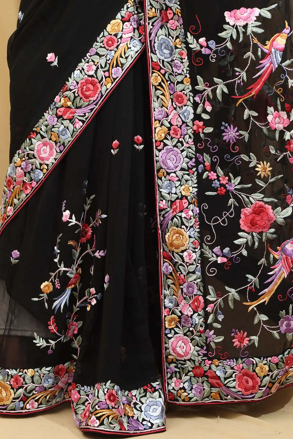 Exquisite Black Hand Embroidered Parsi Gara Saree