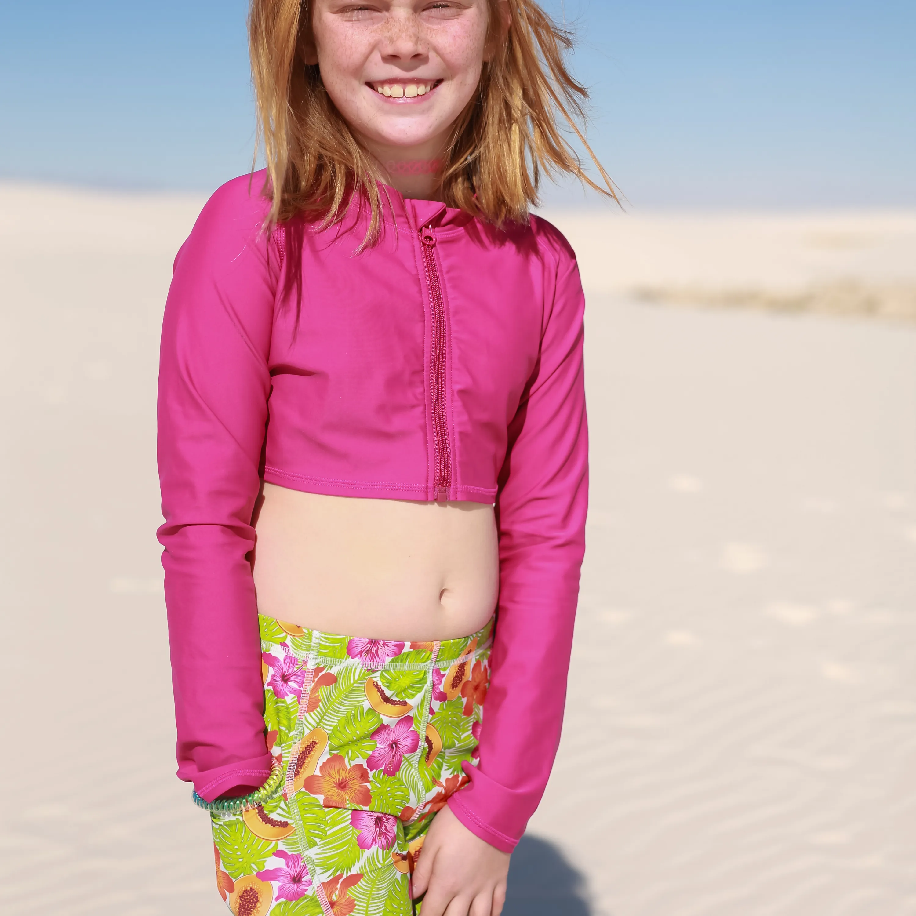 Girls Long Sleeve Crop Rash Guard | "Fuchsia”