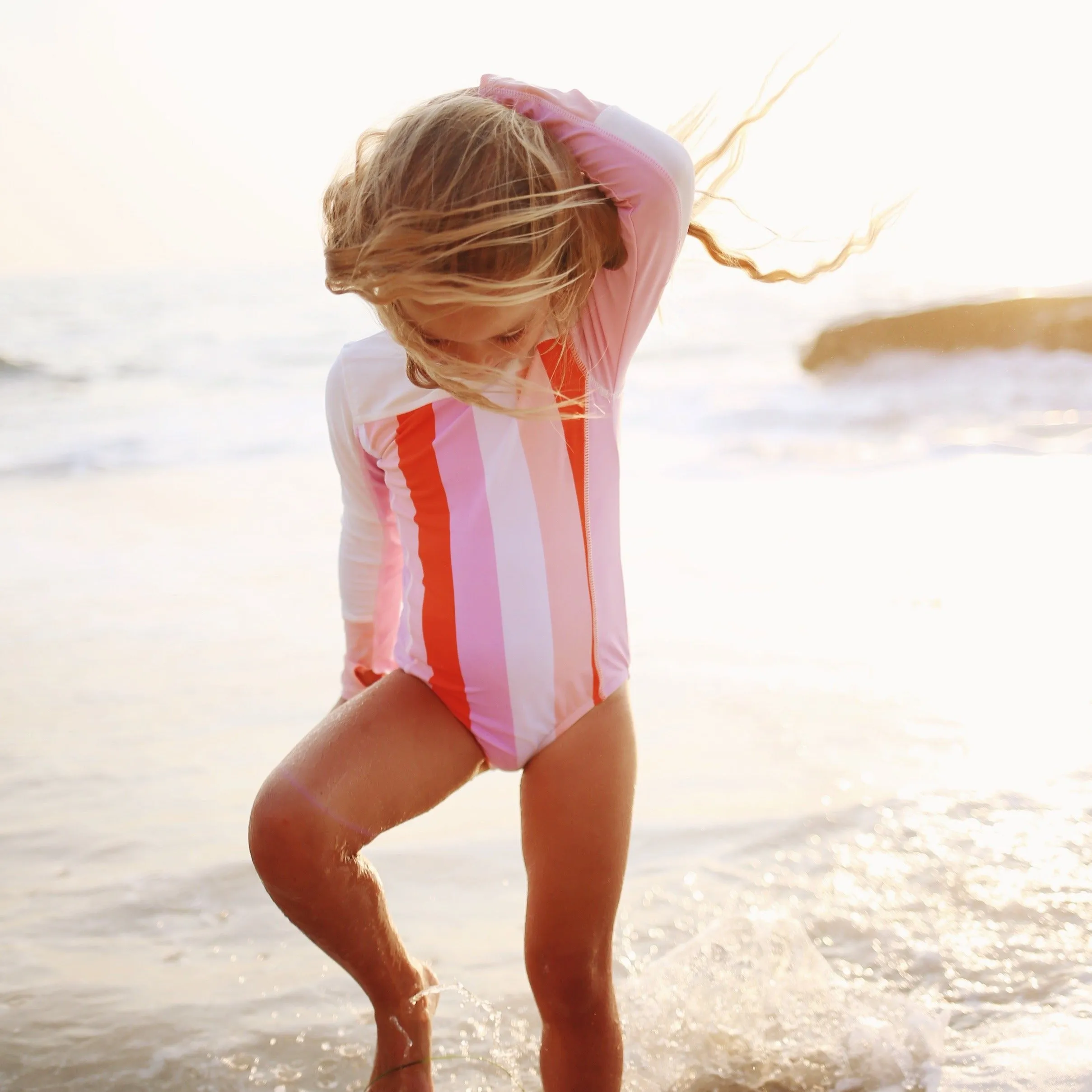 Girls Long Sleeve Surf Suit (One Piece Bodysuit) | "Peachy Stripes"