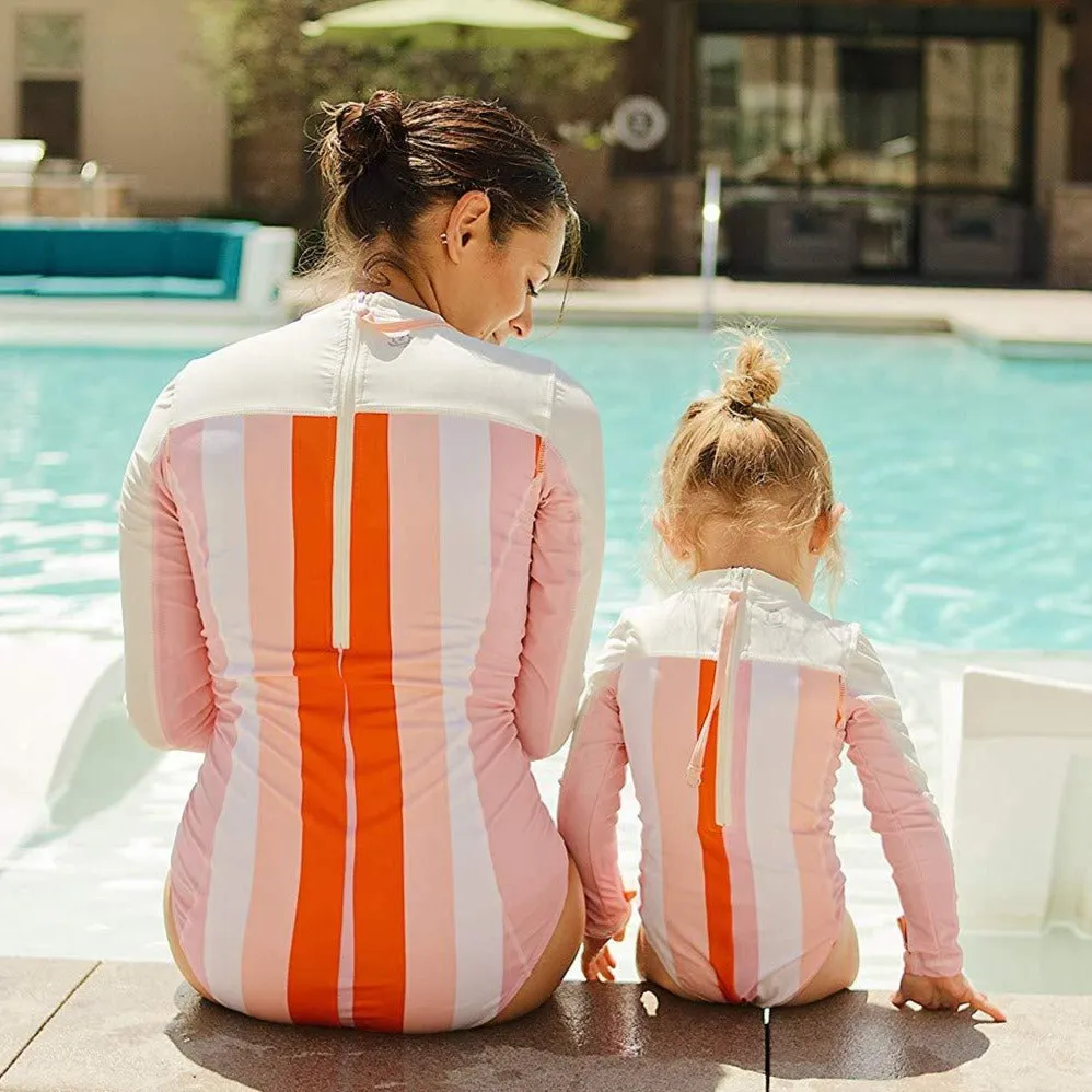 Girls Long Sleeve Surf Suit (One Piece Bodysuit) | "Peachy Stripes"