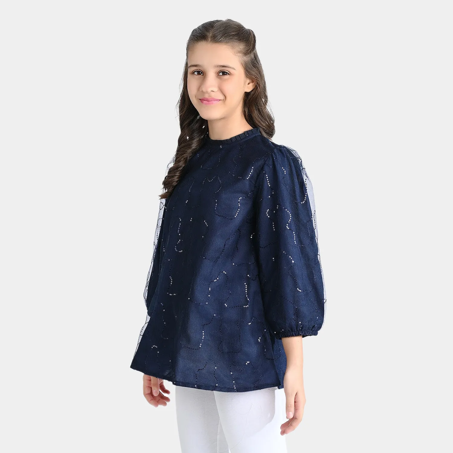 Girls Poly Net Casual Top Puffy sleeves-Navy Blue