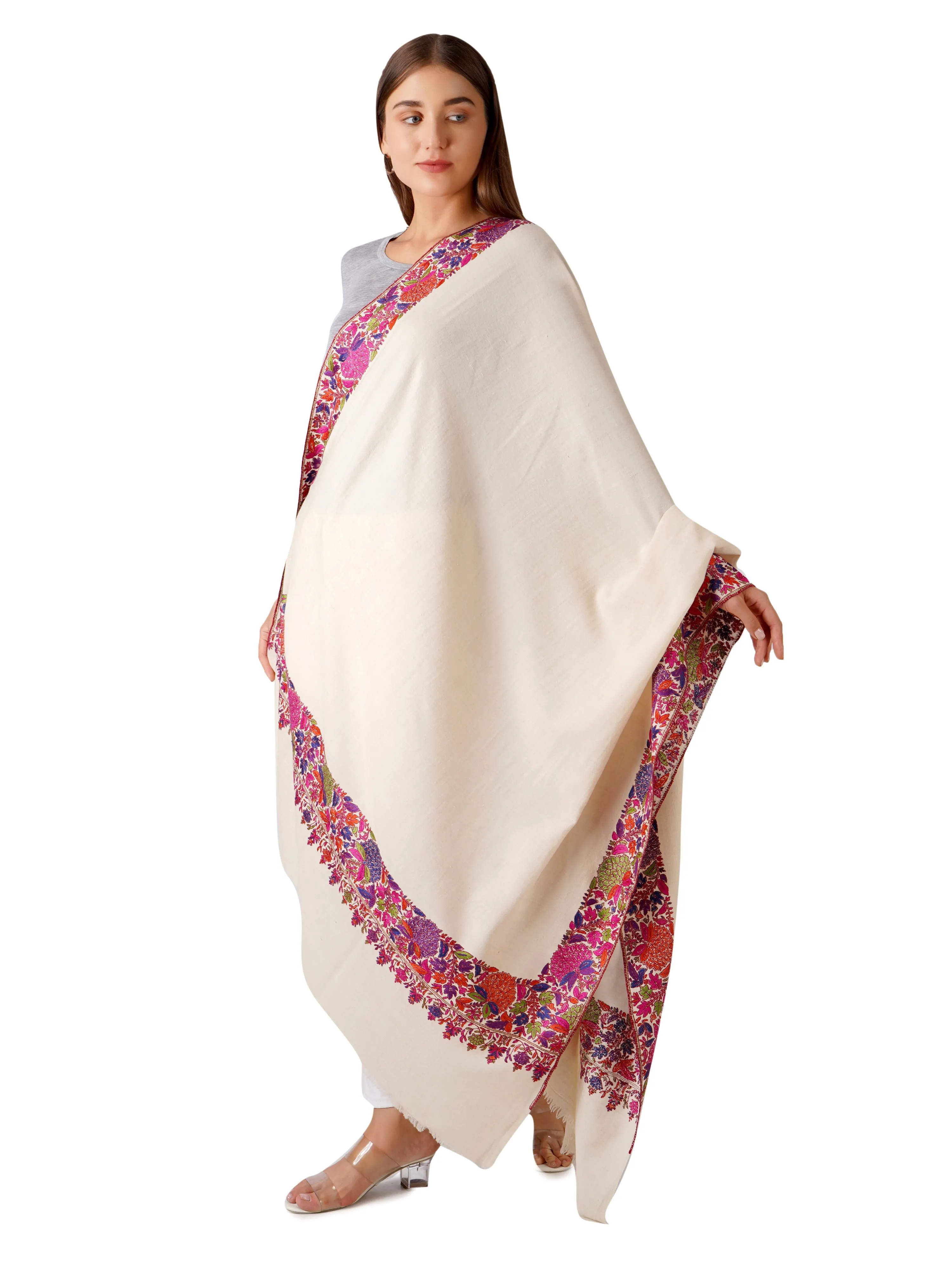 Handwoven White Pashmina Shawl with Elegant Border Embroidery