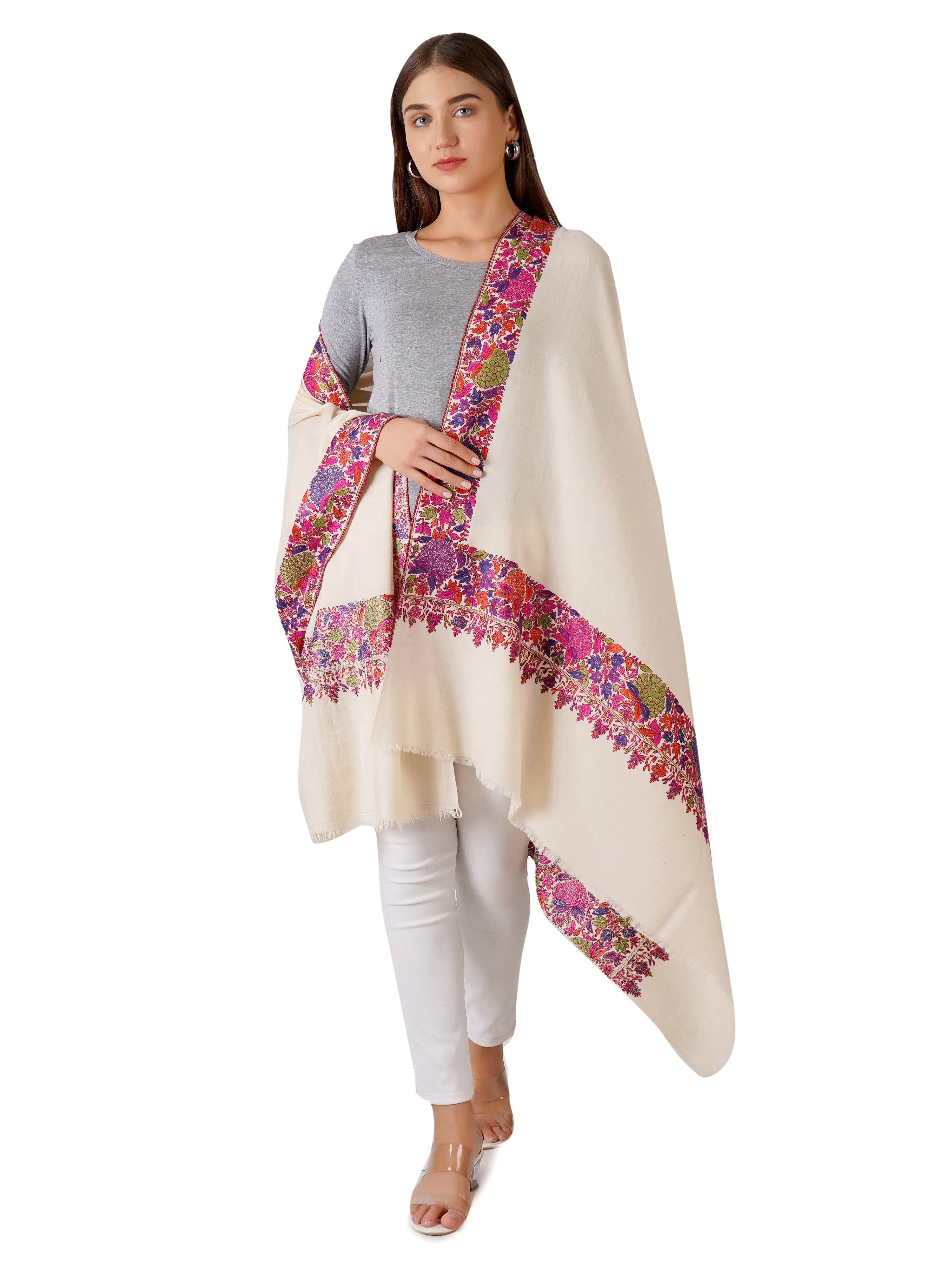 Handwoven White Pashmina Shawl with Elegant Border Embroidery