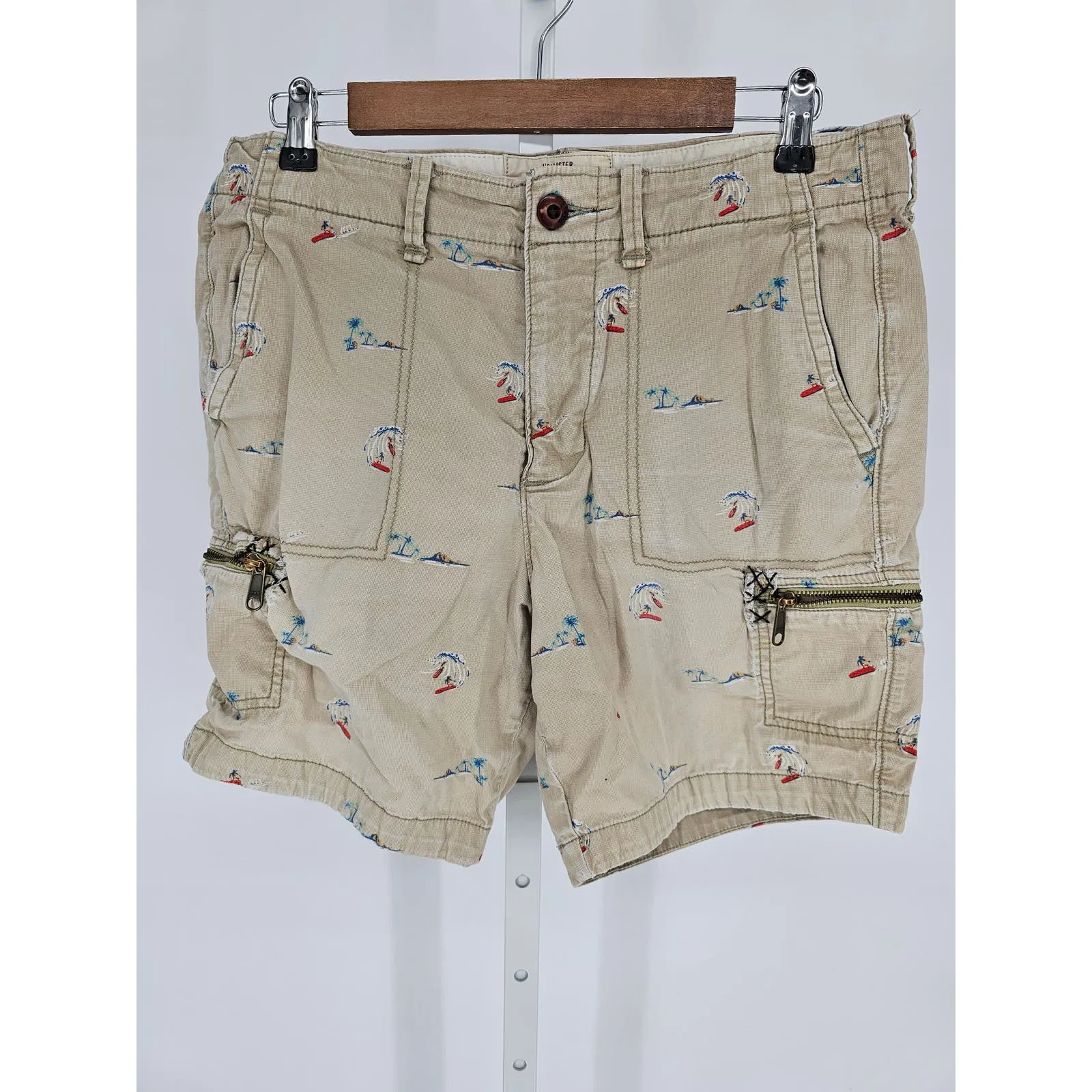 Hollister Beach Prep Fit Mens Sz 32 Cargo Shorts Beige Surf Board Print Y2K