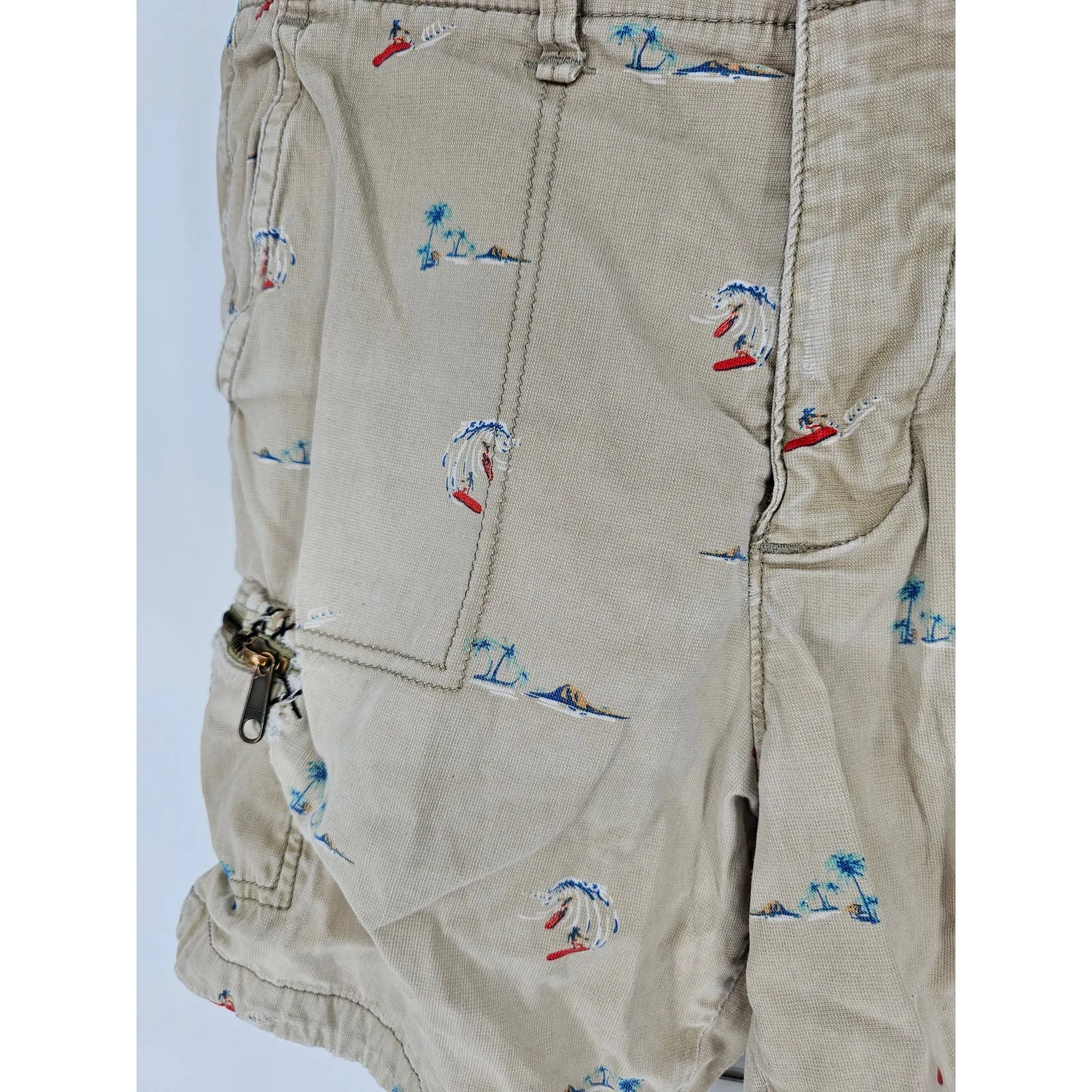 Hollister Beach Prep Fit Mens Sz 32 Cargo Shorts Beige Surf Board Print Y2K