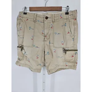 Hollister Beach Prep Fit Mens Sz 32 Cargo Shorts Beige Surf Board Print Y2K