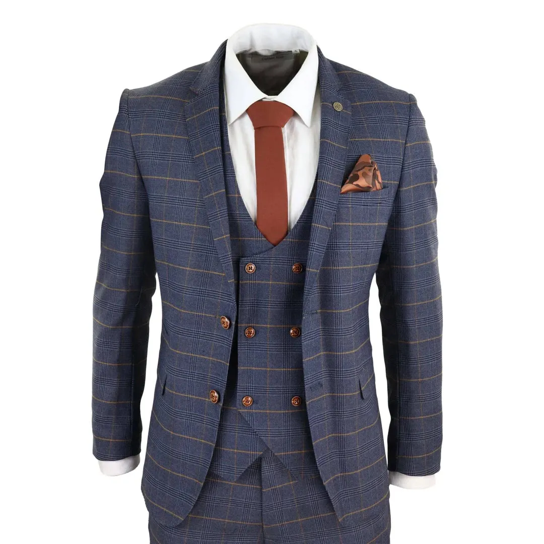 Jenson - Men's 3 Piece Navy Blue Tan Check Double Breasted Waistcoat Suit