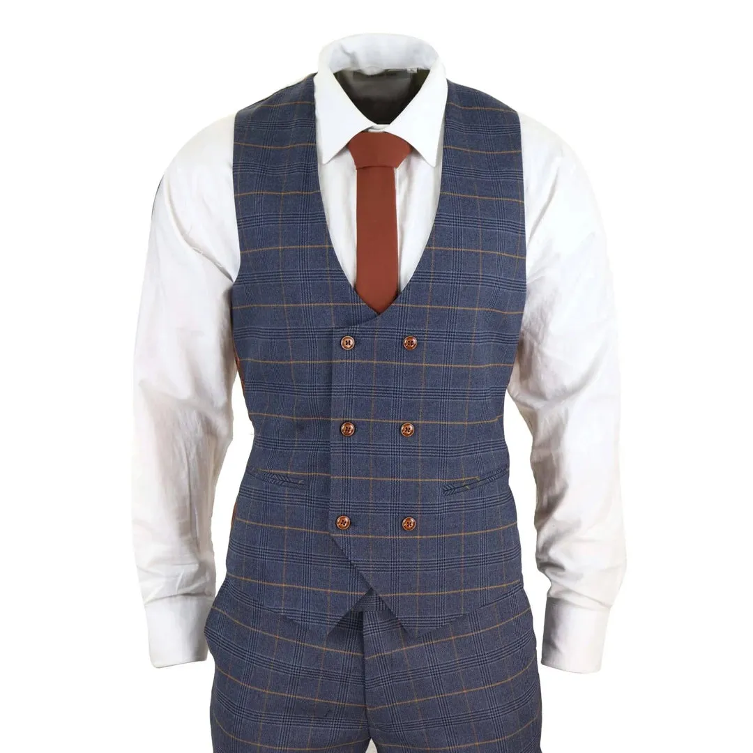 Jenson - Men's 3 Piece Navy Blue Tan Check Double Breasted Waistcoat Suit