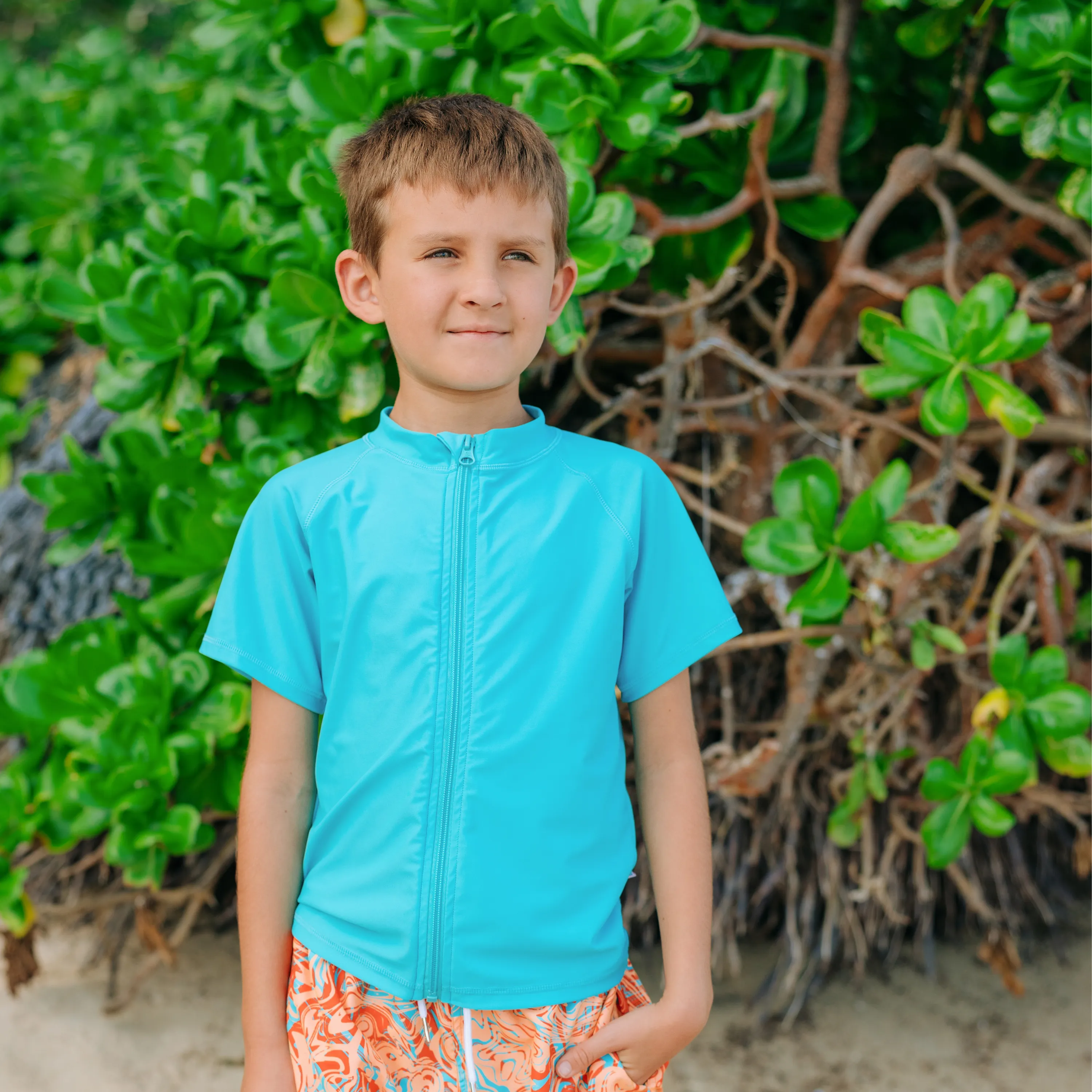 Kids Short Sleeve Zipper Rash Guard Swim Shirt | “Scuba Blue”