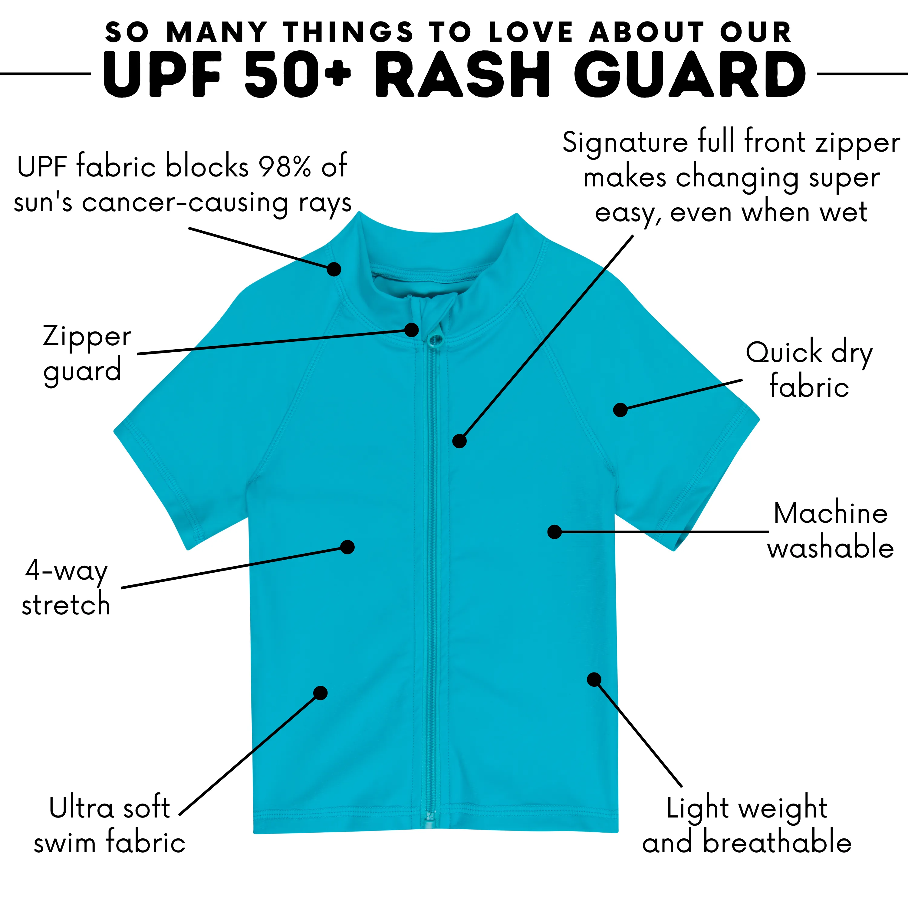 Kids Short Sleeve Zipper Rash Guard Swim Shirt | “Scuba Blue”