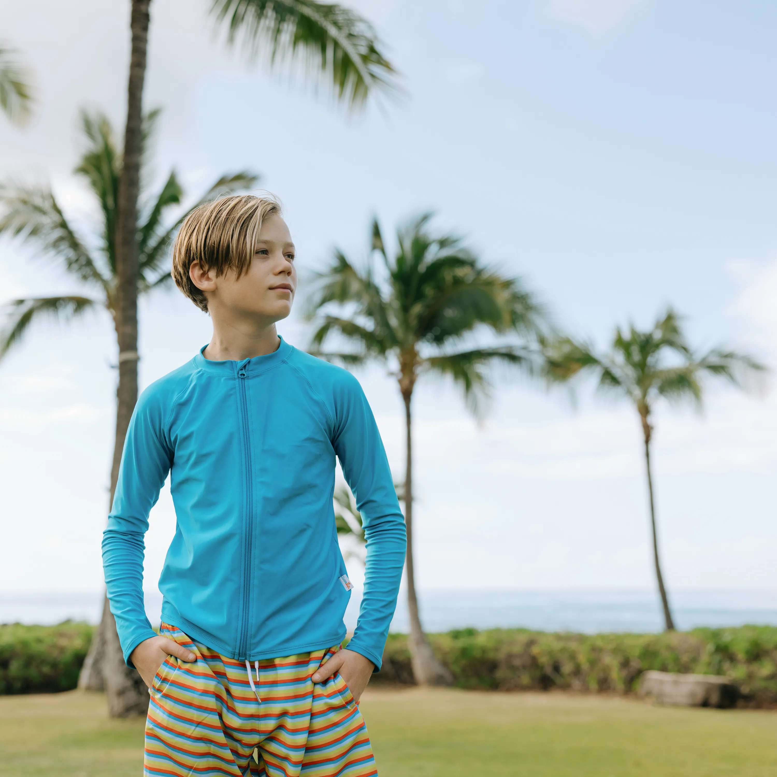 Kids UPF 50  Long Sleeve Zipper Rash Guard Swim Shirt | "Blue Danube"