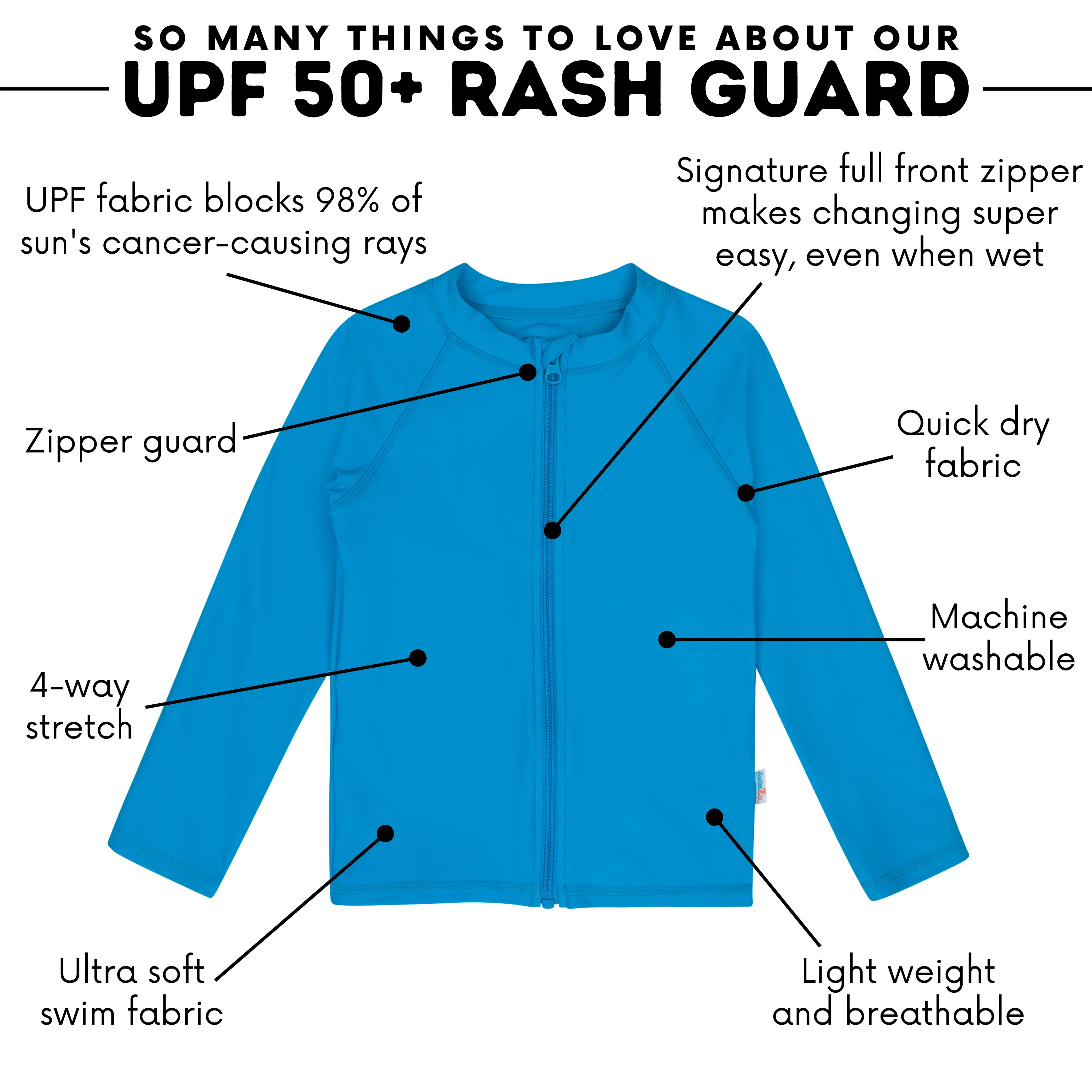 Kids UPF 50  Long Sleeve Zipper Rash Guard Swim Shirt | "Blue Danube"