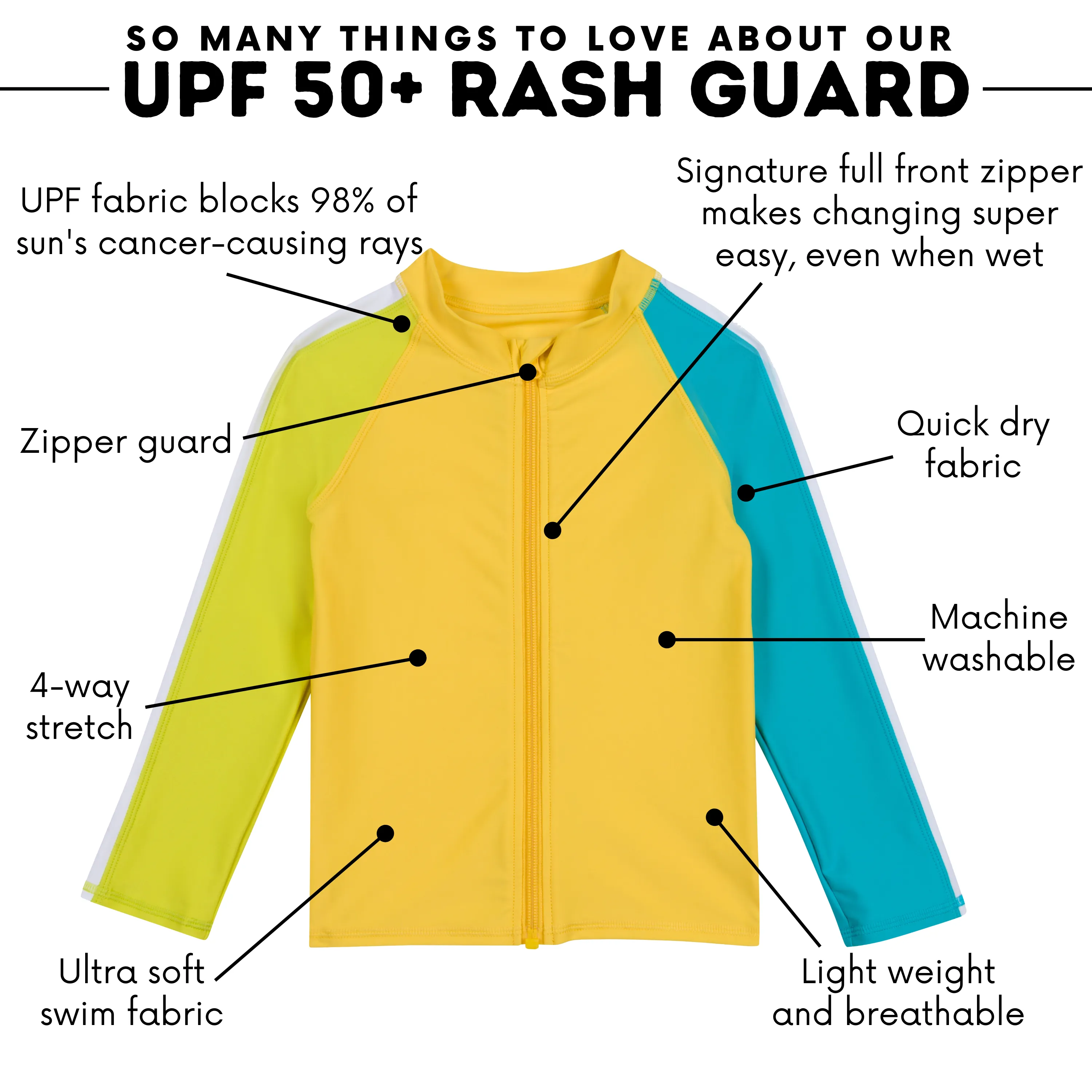 Kids UPF 50  Long Sleeve Zipper Rash Guard Swim Shirt | "Color Pop"