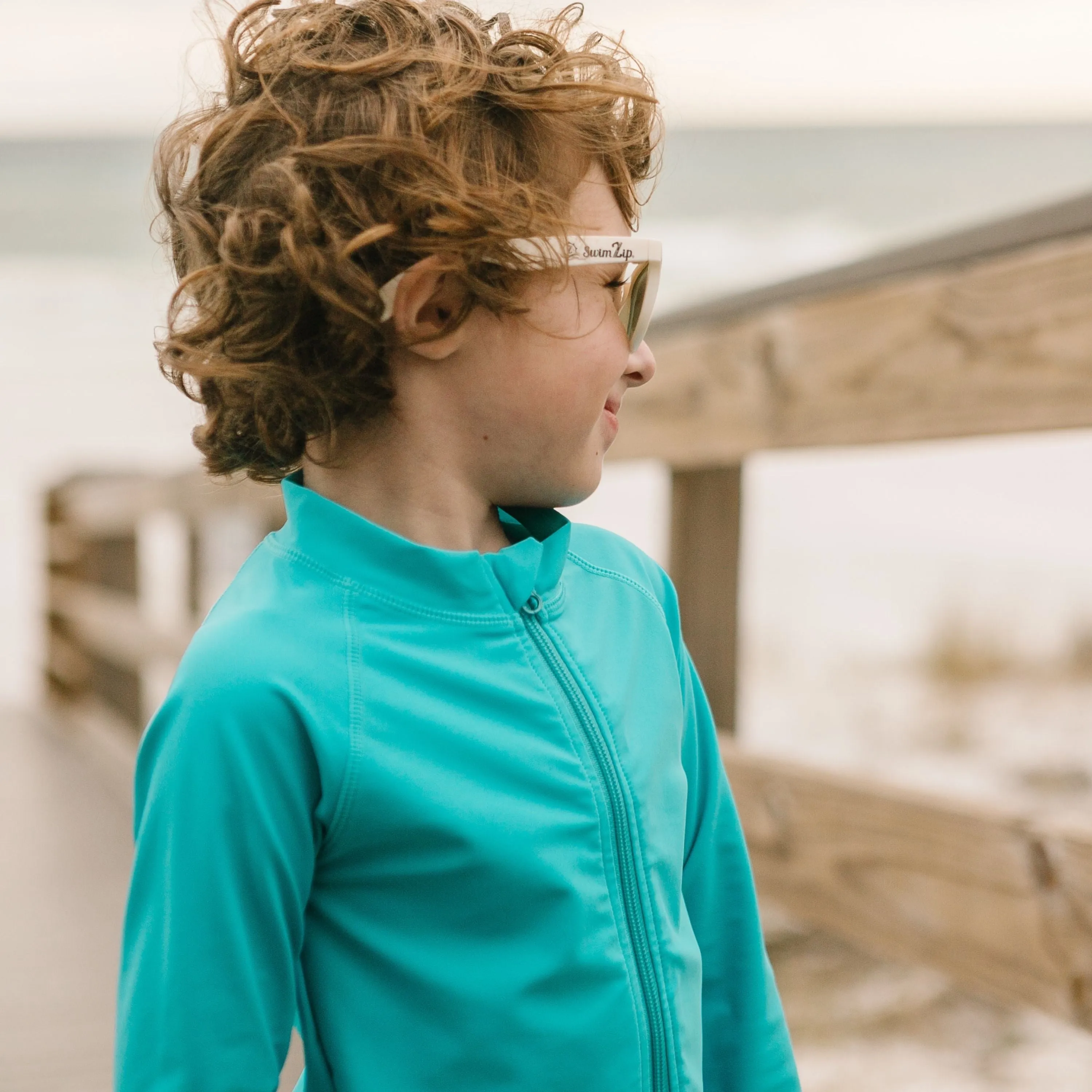 Kids UPF 50  Long Sleeve Zipper Rash Guard Swim Shirt | "Scuba Blue"