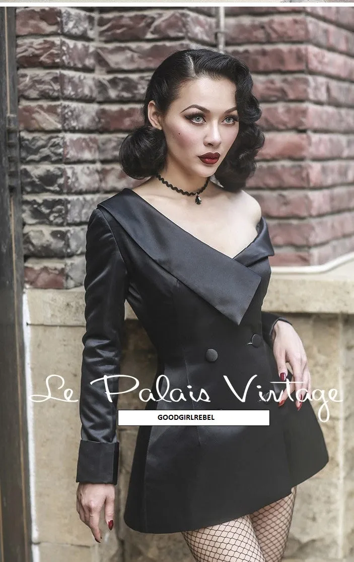 Le palais vintage satin three-dimensional cut waist off-the-shoulder retro blazer - Okle