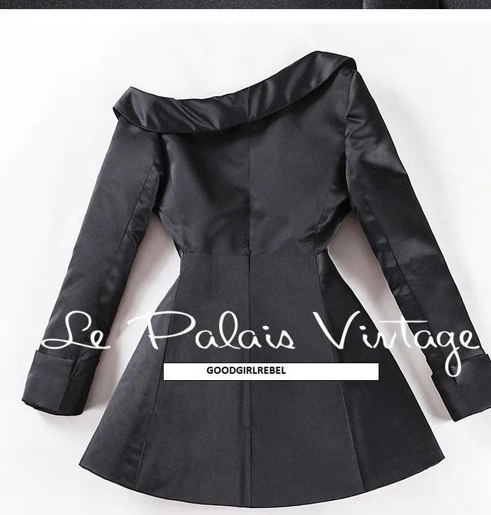 Le palais vintage satin three-dimensional cut waist off-the-shoulder retro blazer - Okle