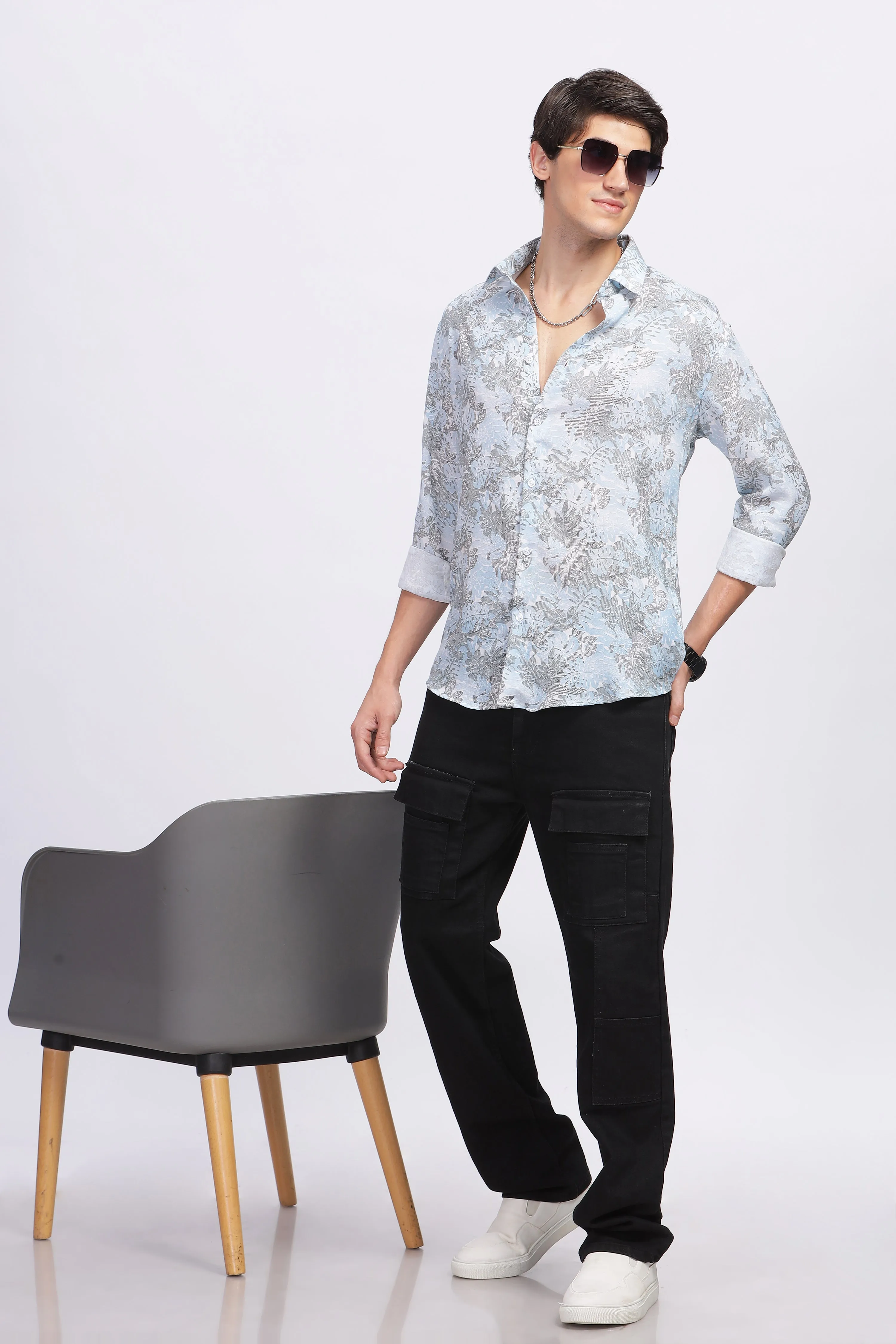 LEAFY BLUE LINEN SHIRT