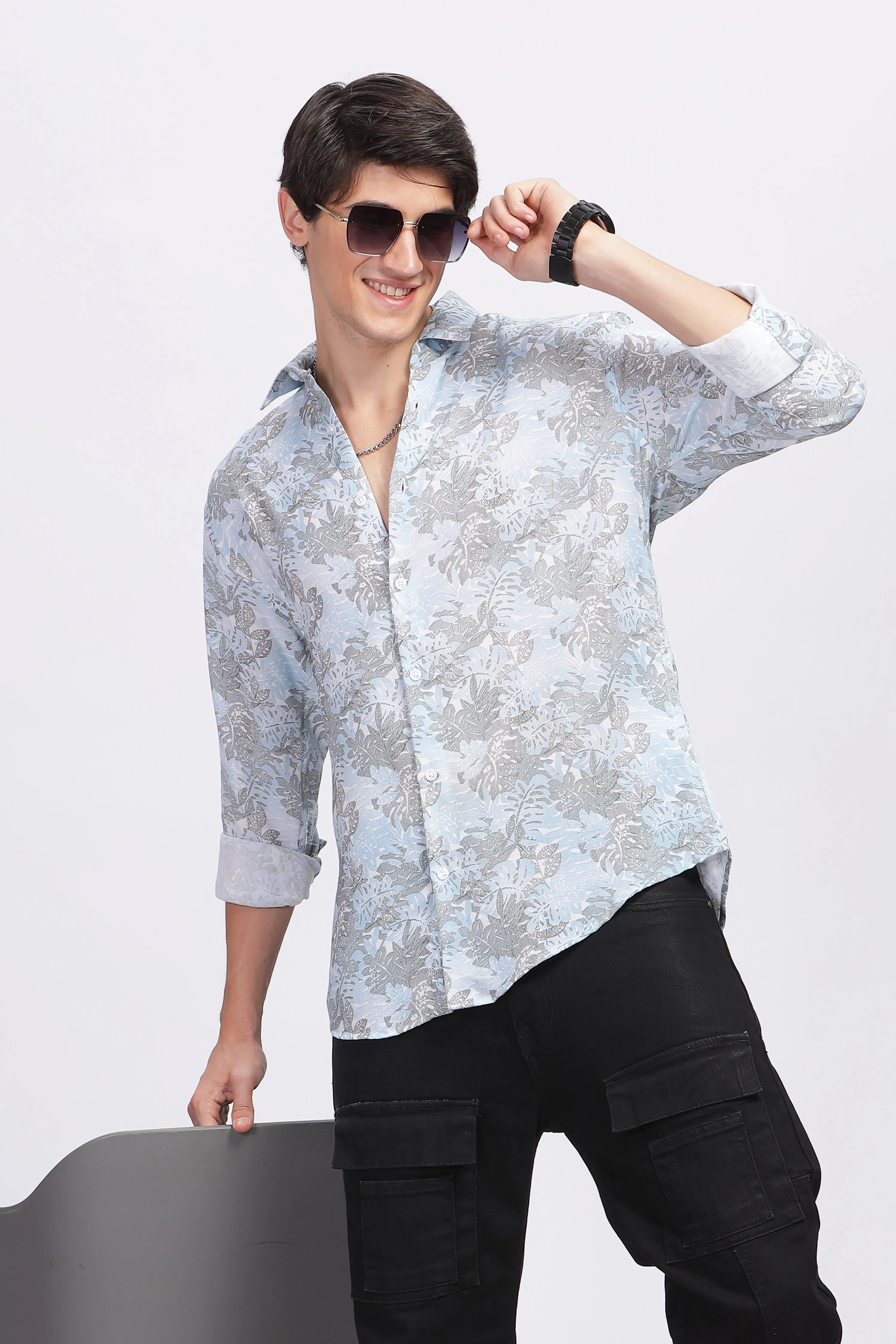 LEAFY BLUE LINEN SHIRT