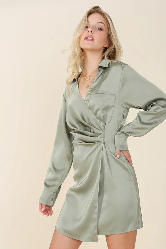 Long-Sleeved Satin Collared Wrap Mini Dress