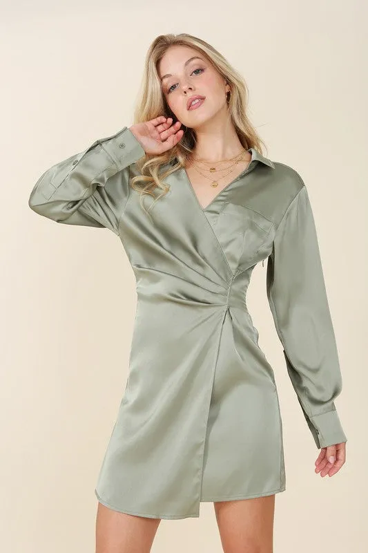 Long-Sleeved Satin Collared Wrap Mini Dress