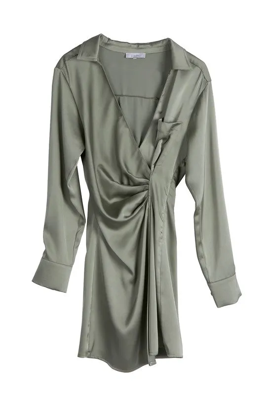 Long-Sleeved Satin Collared Wrap Mini Dress