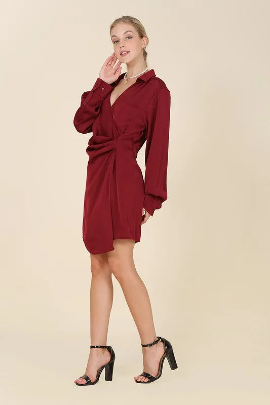 Long-Sleeved Satin Collared Wrap Mini Dress