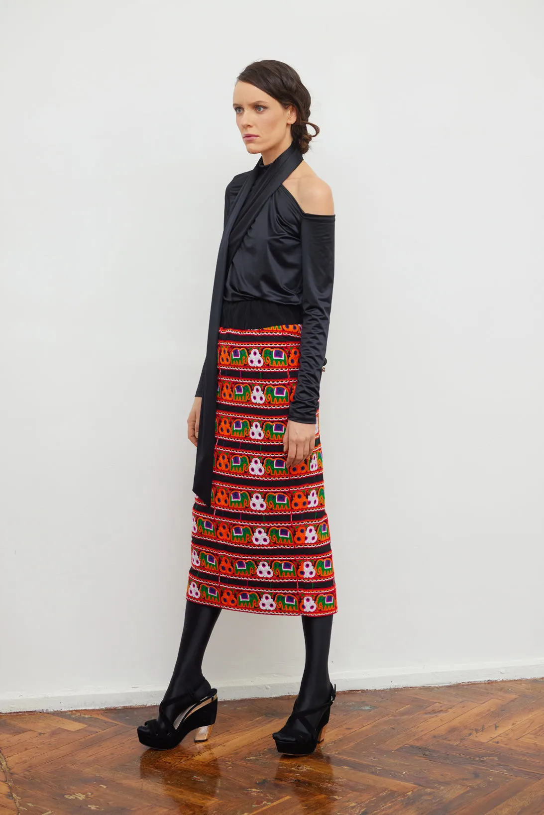 Mid-Calf Embroidered Skirt With Ornate Pattern Colorful