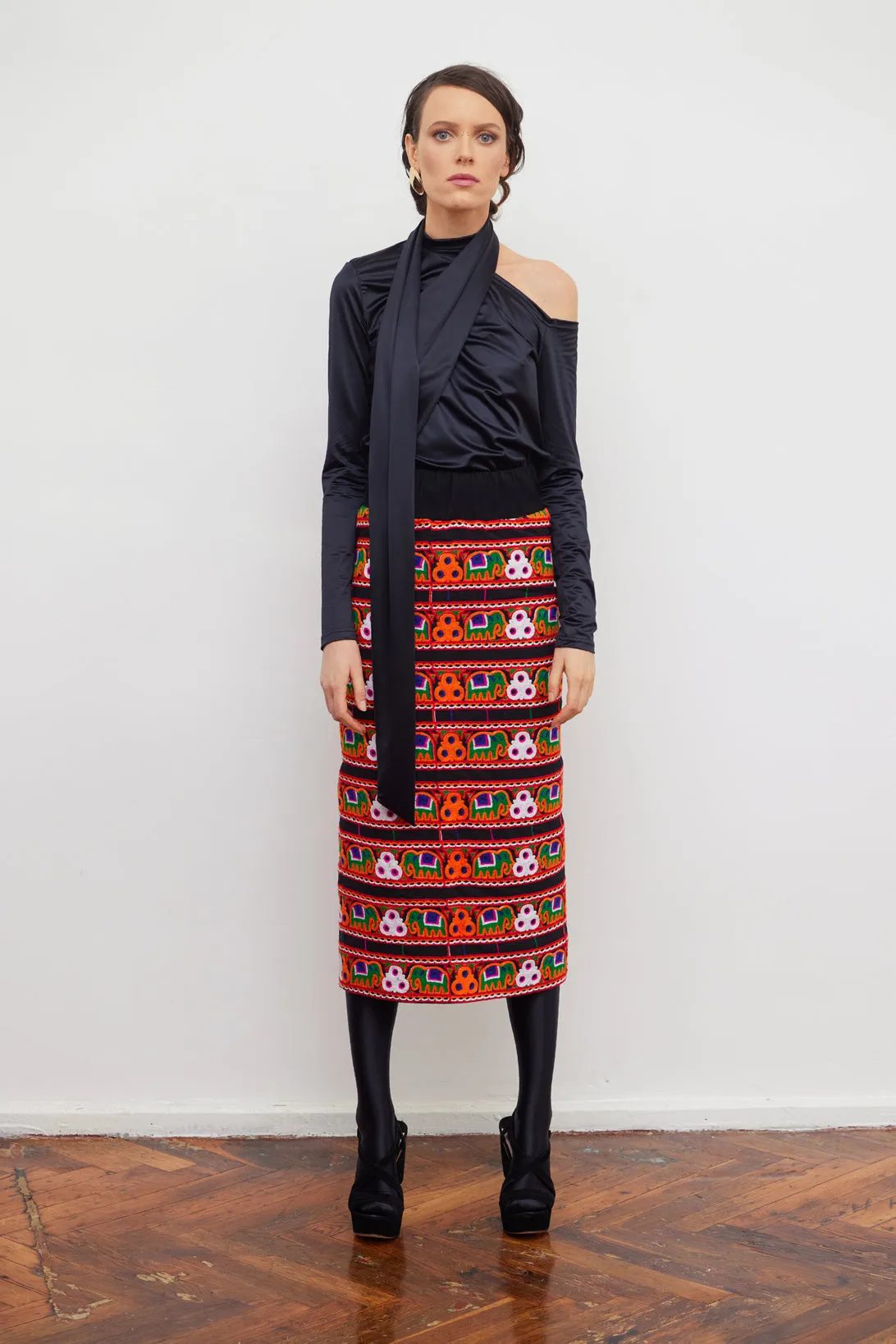 Mid-Calf Embroidered Skirt With Ornate Pattern Colorful