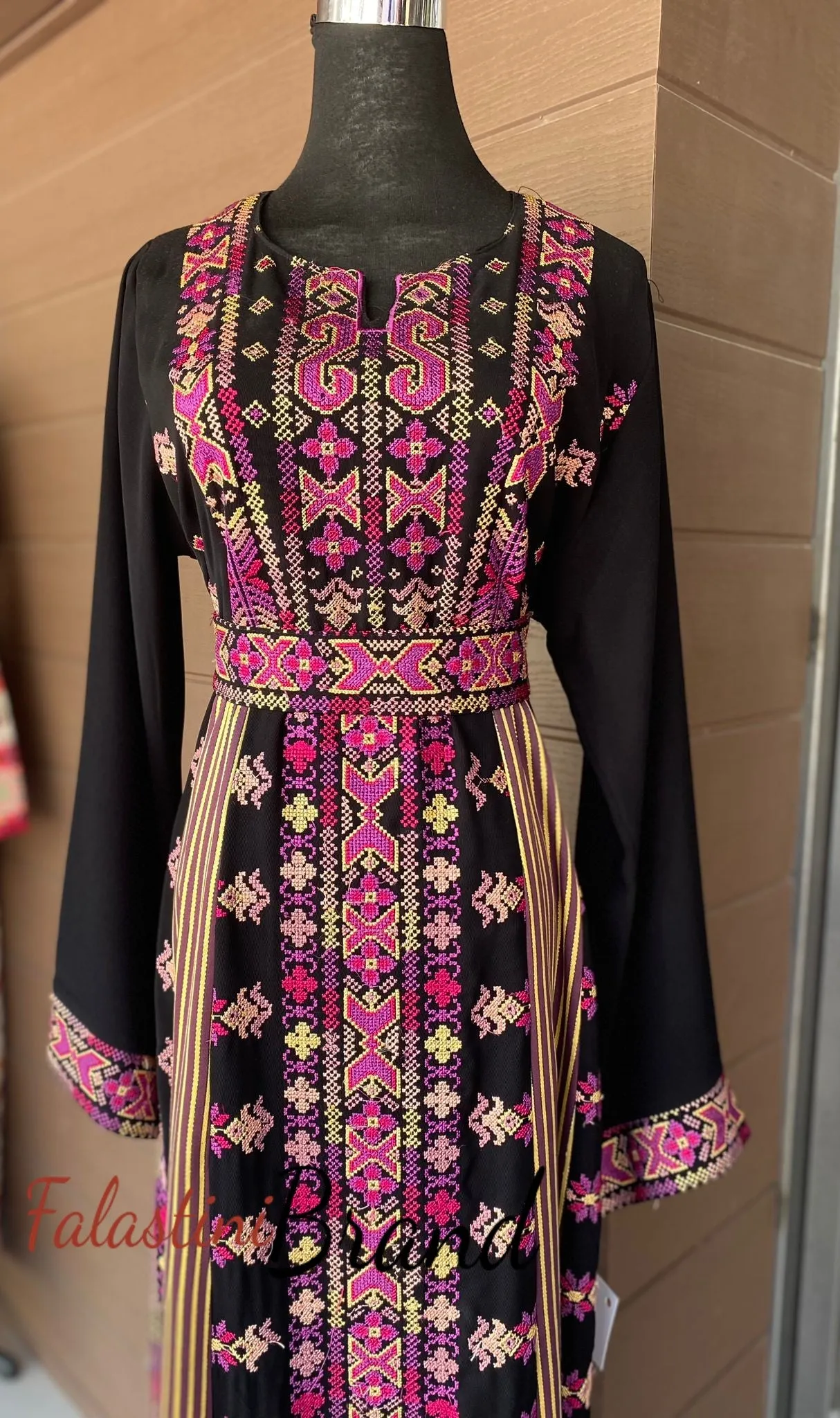 Modern Style Black and Pink Palestinian Thobe with Unique Embroidery and Kashmir Details