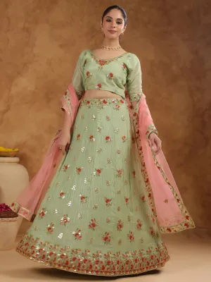 Pista Green Zari Art Silk Embroidered Semi-Stitched Lehenga & Unstitched Choli with Dupatta Set  - By Janasya