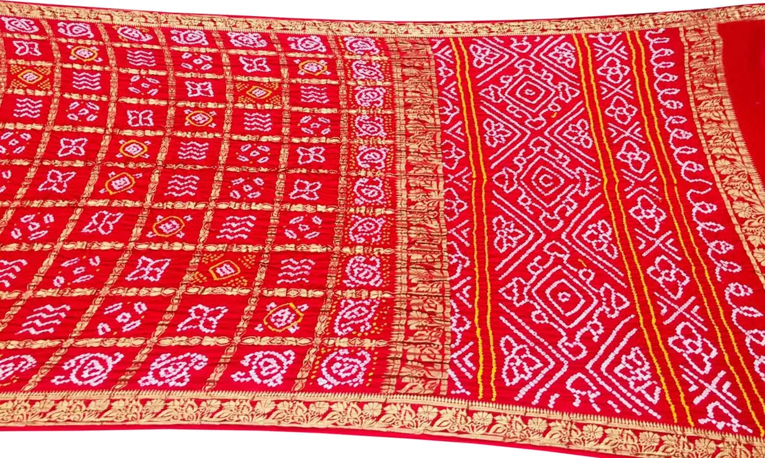 Red Bandhani Gajji Silk Gharchola Checks Saree