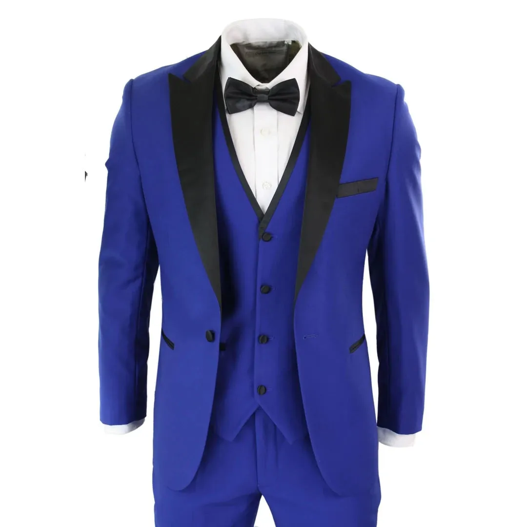 Regent - Men's 3 Piece Blue Satin Tuxedo Dinner Suit Wedding Prom Groom