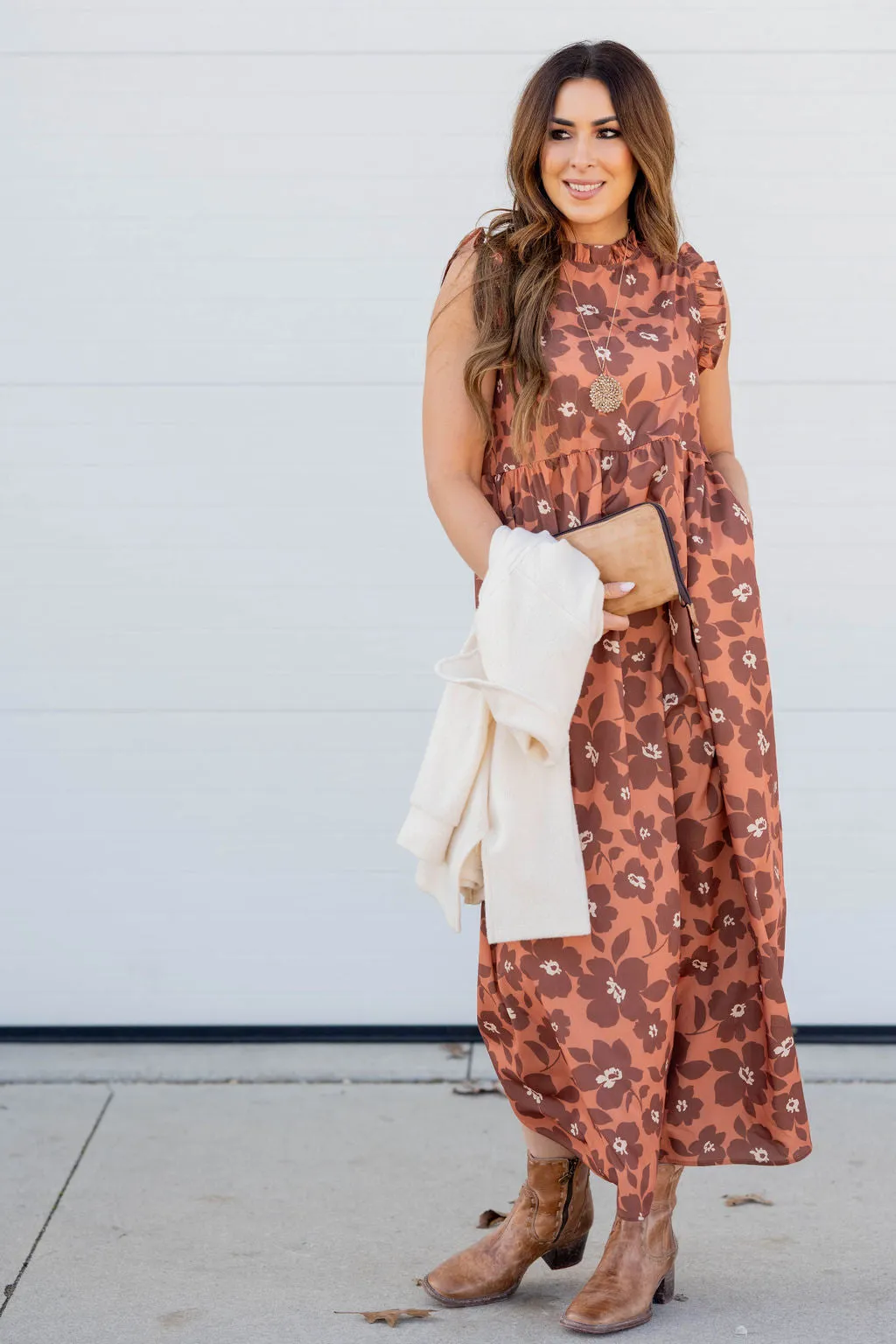 Retro Floral Ruffle Trim Maxi Dress